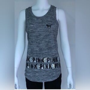 Victoria's Secret PINK Dog Logo TANK TOP Womens Size S Gray Sequin Dog Spellout